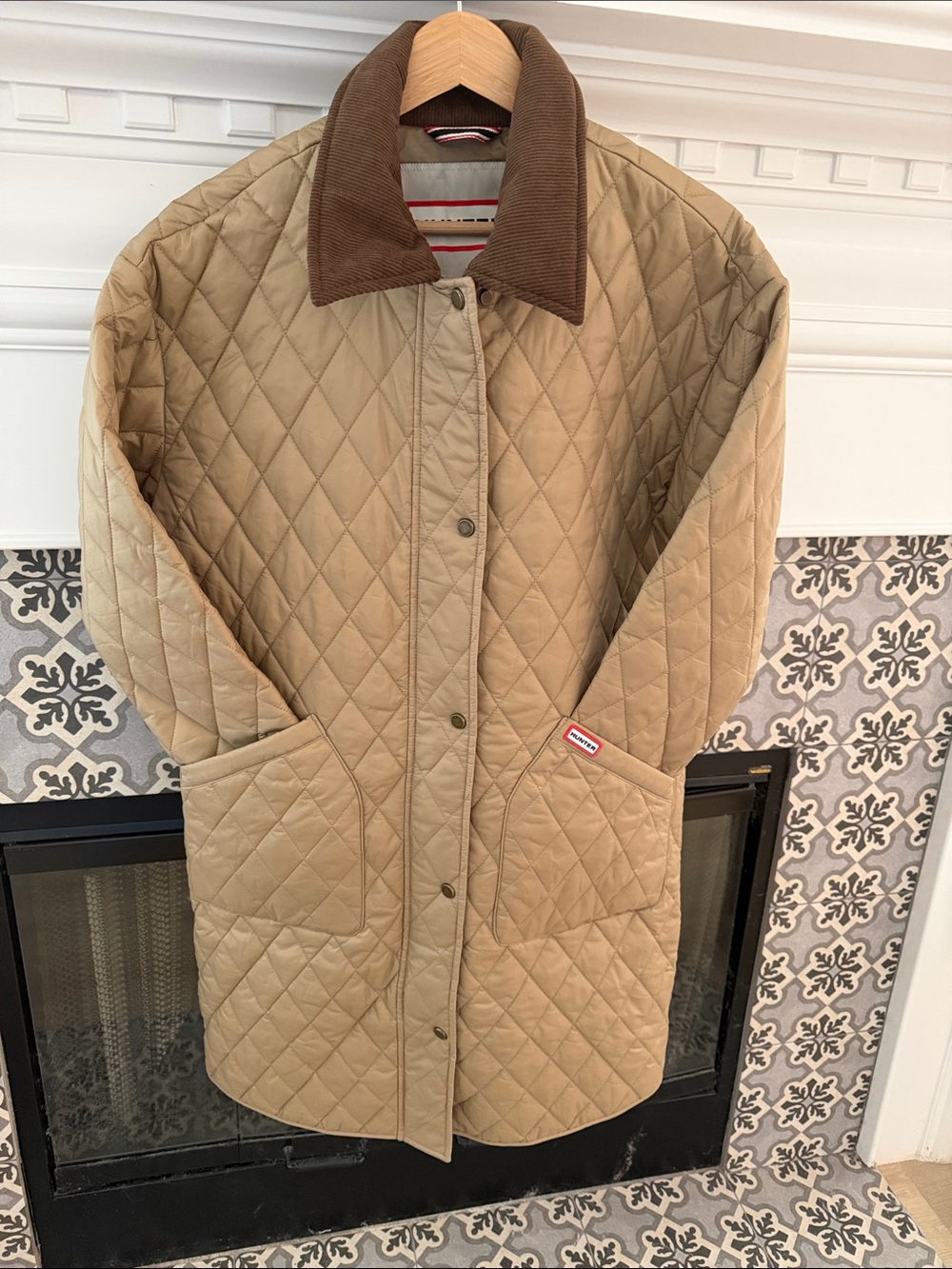 RARE Hunter Quilted Barn Jacket Puffer LONG Corduroy Collar Khaki Tan NWT M S